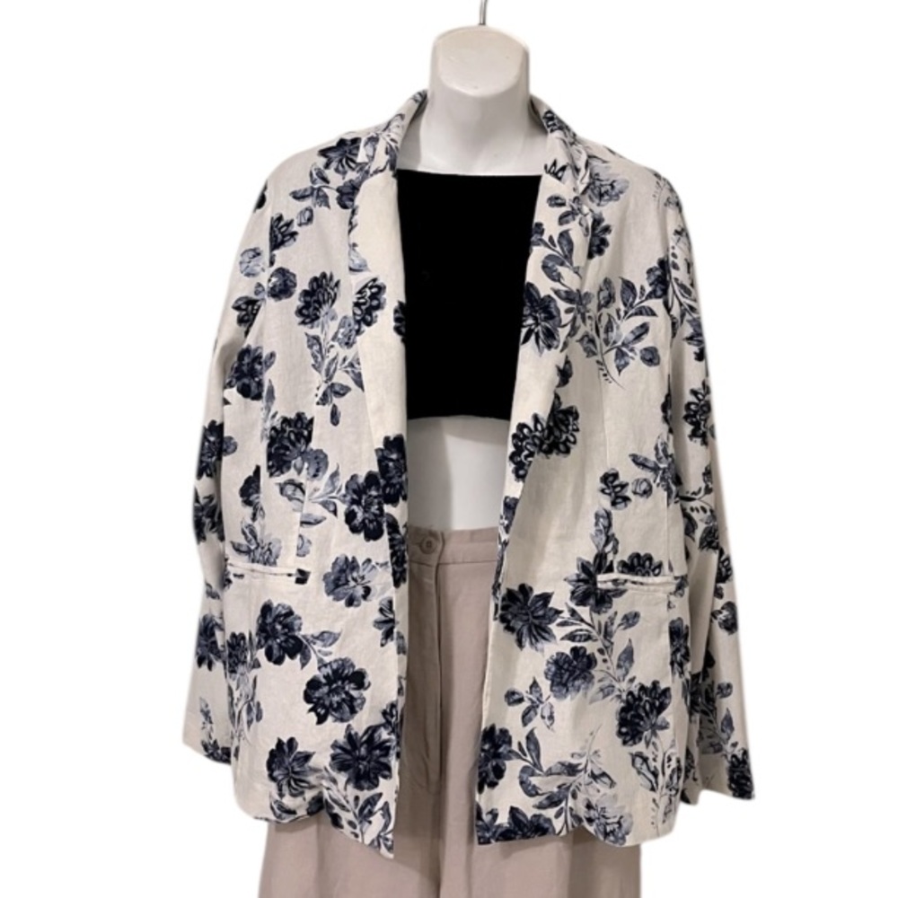 WILLIAM B Womsns Floral Blue & White Linen Rayon Blend Jacket Blazer L